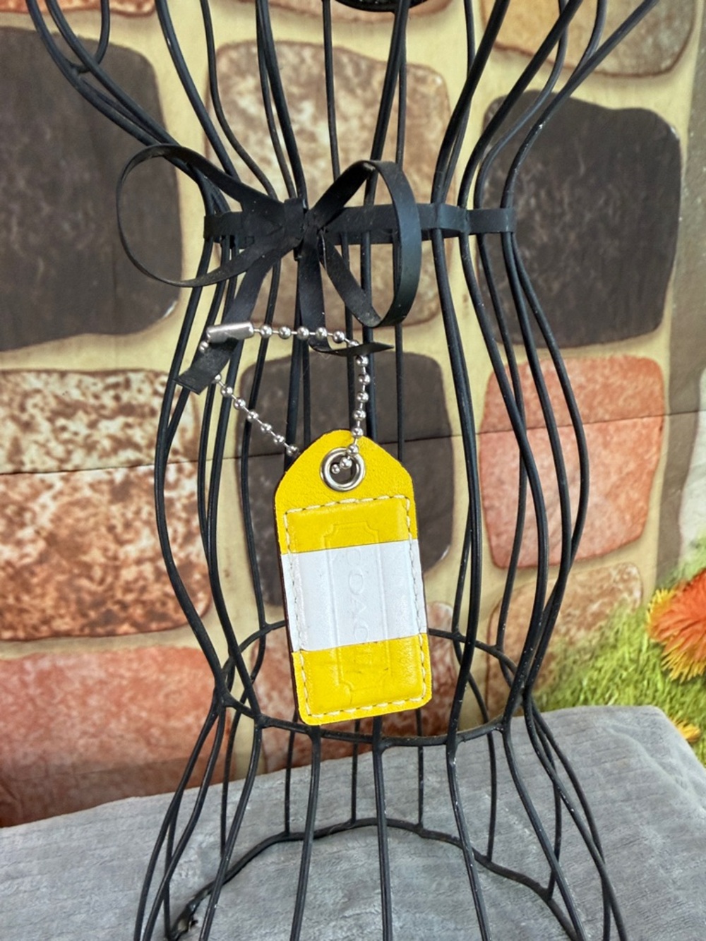 Coach Yellow and White Leather Luggage Tag Keychain